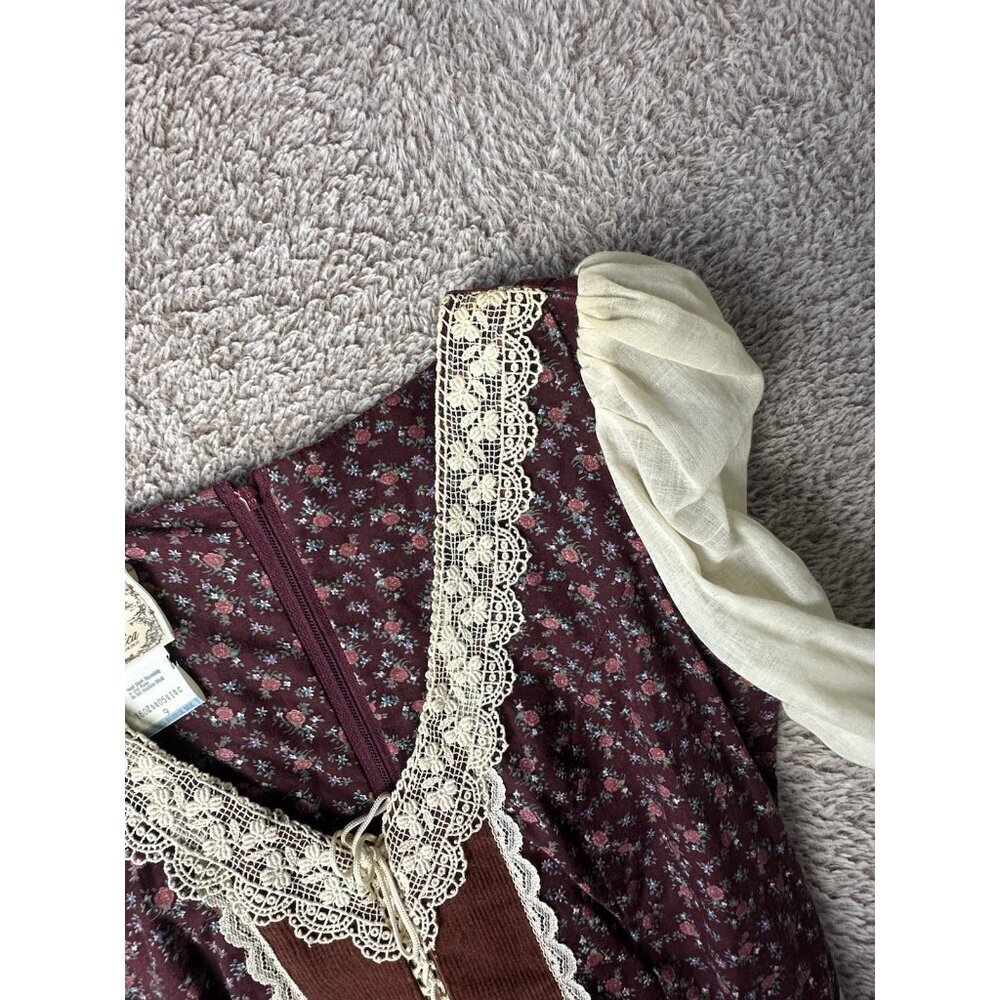 Gunne Sax by Jessica RARE 1970s Vintage Dress Burgundy Calico Midi Dress Size 9 - Picture 12 of 16